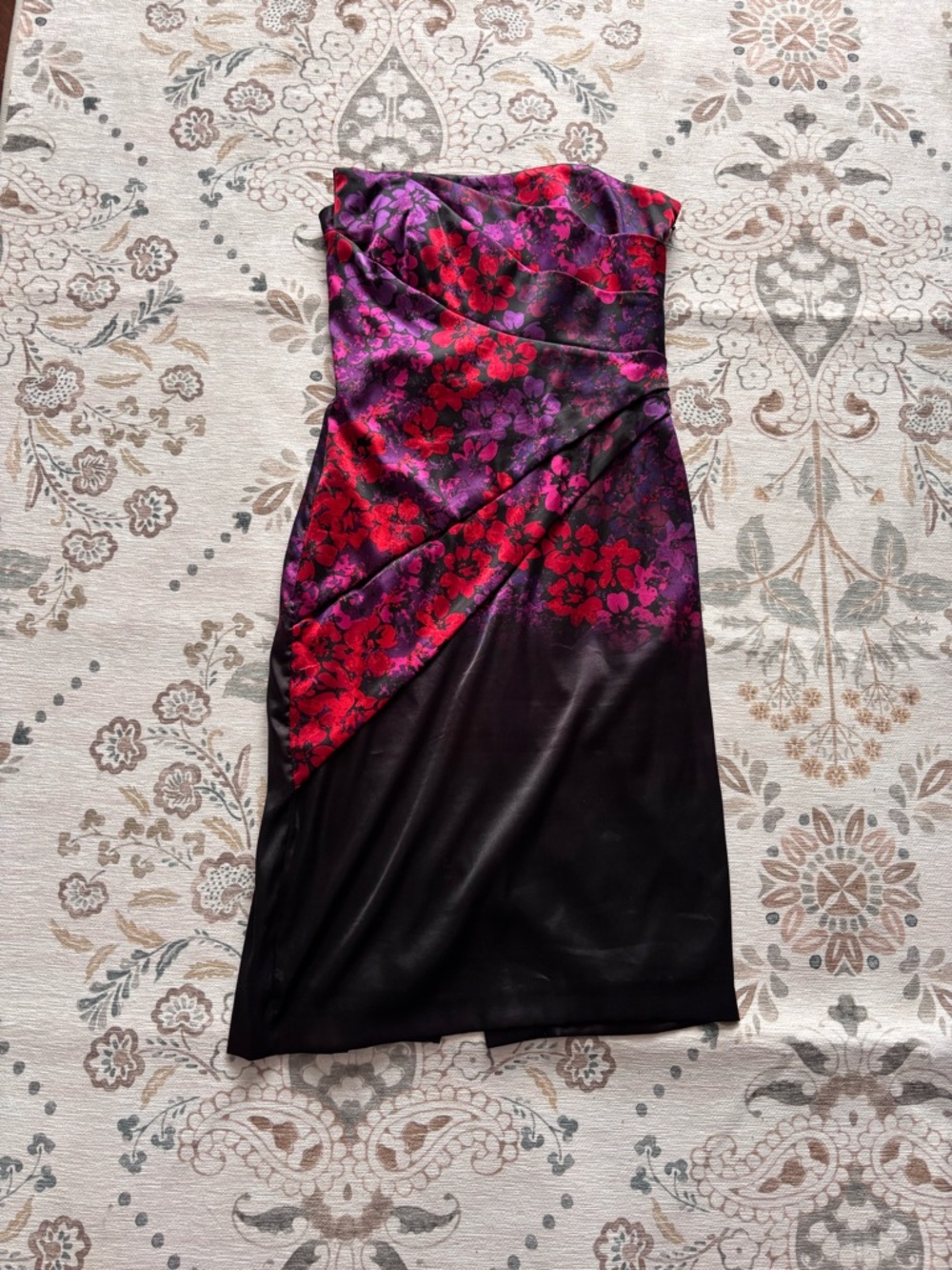 le chateau Strapless Floral Satin Dress in Black, Purple & Red